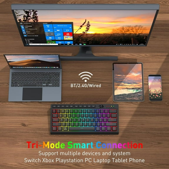 YUYAN-K522 PRO 60% Wireless RGB Membrane Gaming Keyboard, 3 Mode Compact 61 Keys Linear Mechanical-Feel Switch Keyboard w/ 4 Extra On-Board Macro Keys & Media Control Keys