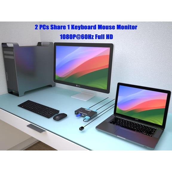 YUYAN-KVM Switch VGA 2 Port - VGA KVM Switch for 2 Computers Share 1 Monitor & 3 USB 2.0 Devices,Keyboard Mouse Scanner Printer,U Disk, Driver-Free for All OS,2 KVM Cables 1 Desktop Controller Includ