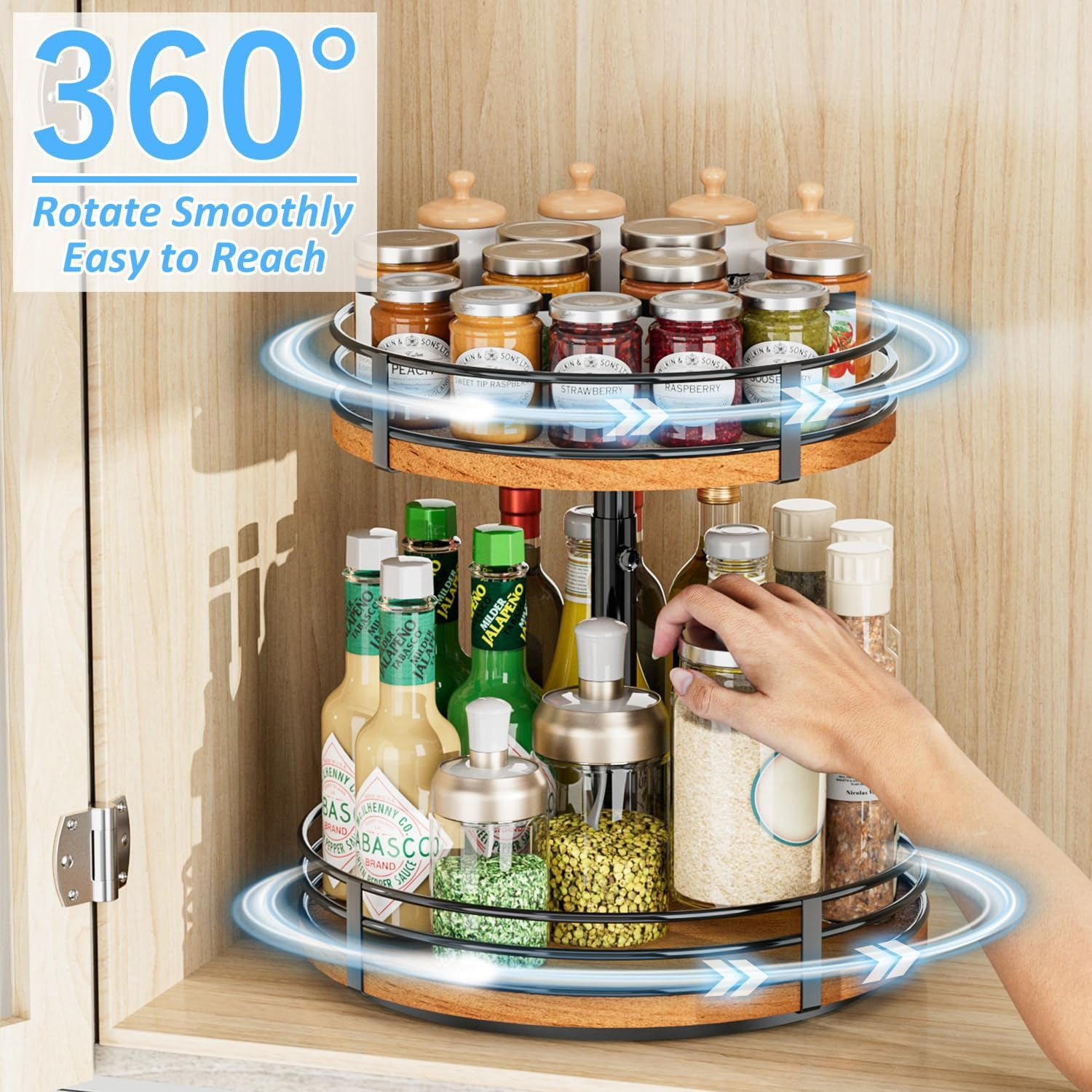 YUYAN-Lazy Susan Turntable Organizer Adjustable - 2 Tier Wood Rotating ...