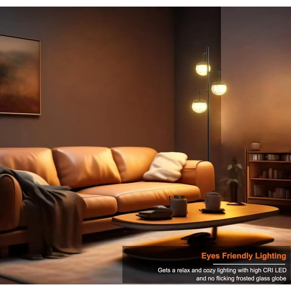 YUYAN-Mid Century Modern Floor Lamp with LED Bulbs, 3 Globe Standing Lamp with 3 Ribbed Clear Orb Shades, Black Tall Lamp for Living Room Bedroom Office