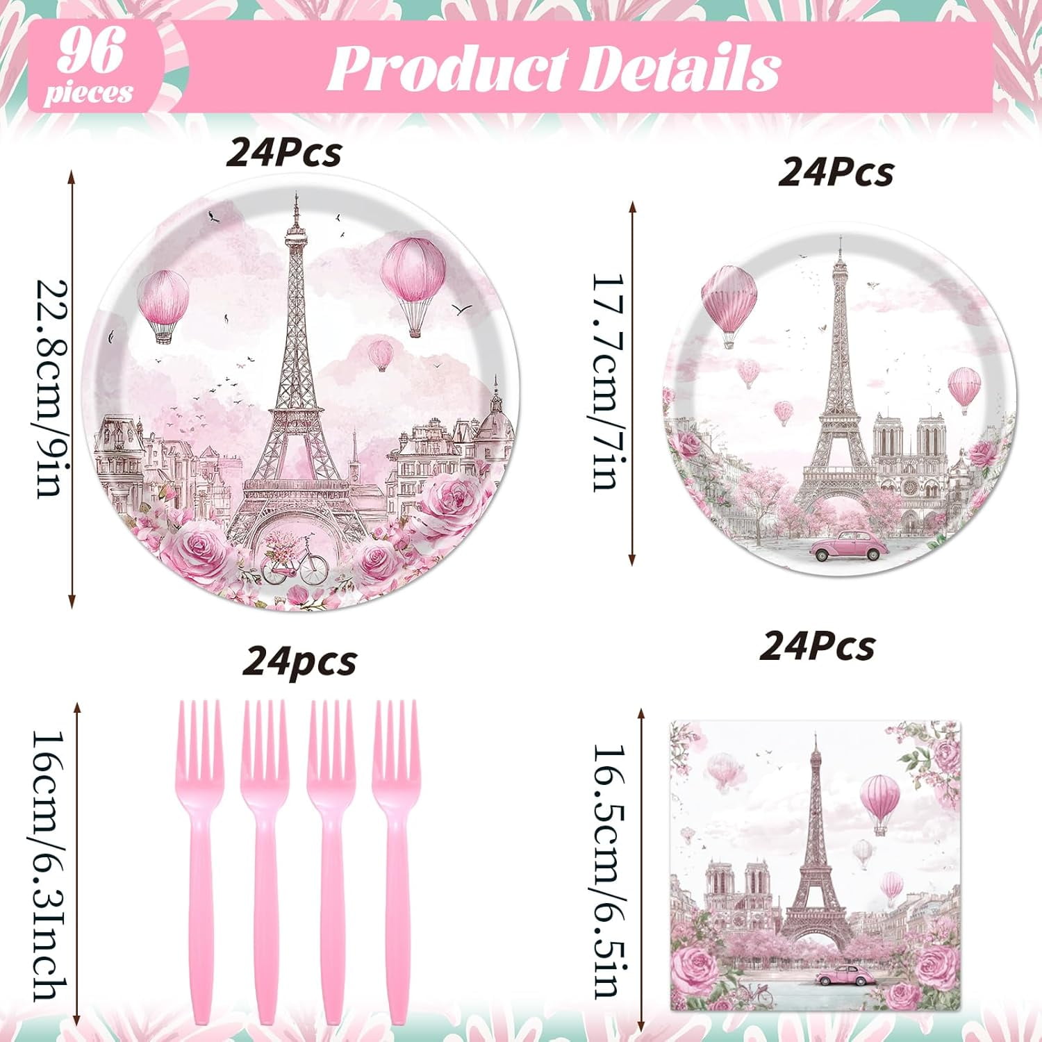 YUYAN-Paris Birthday Party Decorations Tableware, 96PCS Paris Themed Paper Plates and Napkins Decoration French Eiffel Tower Forks Decor Supplies for Baby Shower Serves 24 Guests