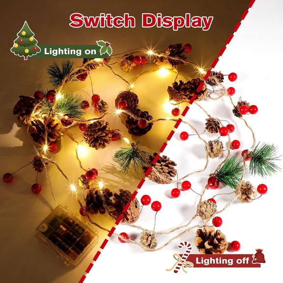 YUYAN-Pina Light, 30 LED Pinecone Pina Lamp, 9.84ft Pinecone String Lights with Leaves, 8 Modes Battery Powered Christmas Lights for Bedroom, Living Room, Christmas Tree Decoration (Brown)