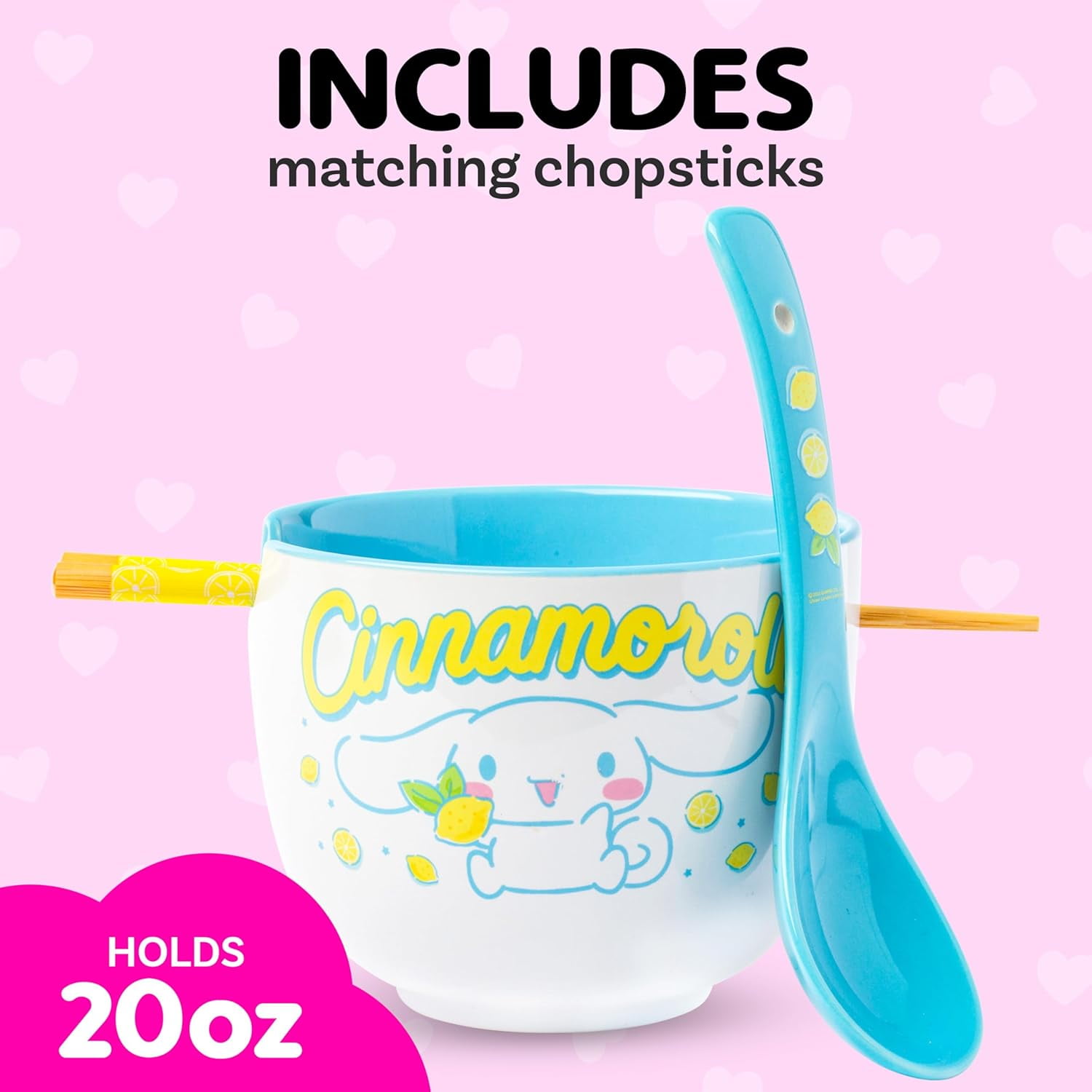 YUYAN-Sanrio Hello Kitty and Friends Cinnamoroll Lemons Ceramic Ramen Noodle Rice Bowl with Chopsticks, Microwave Safe, 20 Ounces