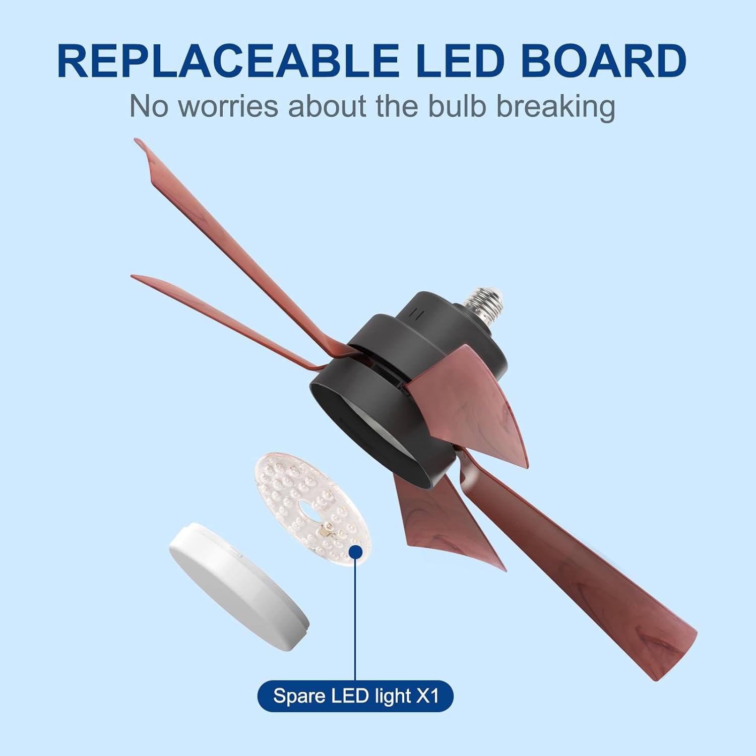 Socket Fan Light – E26 Screw-In Ceiling Fan With Dimmable LED, 20.5-Inch, 3 Speeds & Timer, Memory Function, Includes Spare Bulb – Ideal For Laundry, Garage, Kitchen