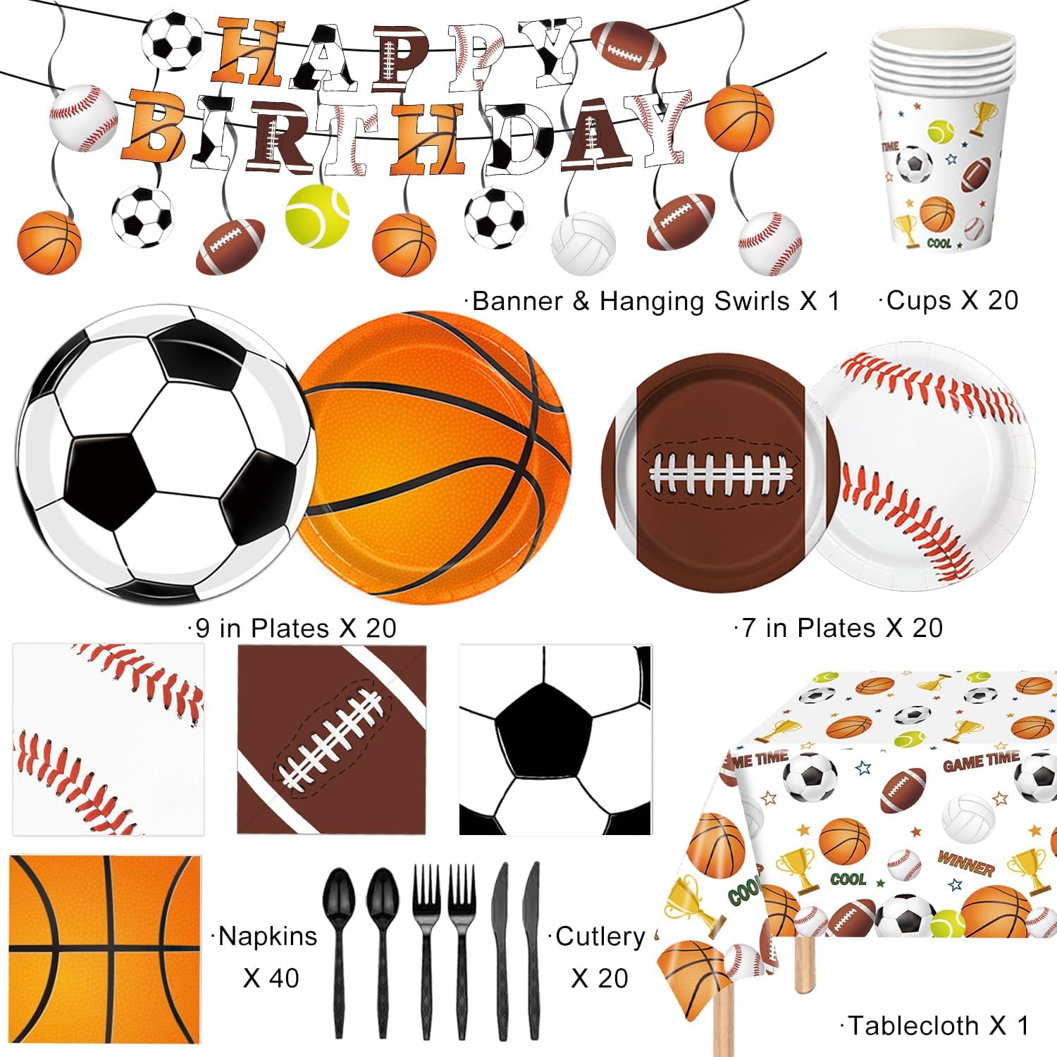 YUYAN-Sports Birthday Party Decorations, Sports Theme Party Plates and Napkins Baseball Football Soccer Basketball Disposable Tableware Serves 20 Guests for Birthday Party