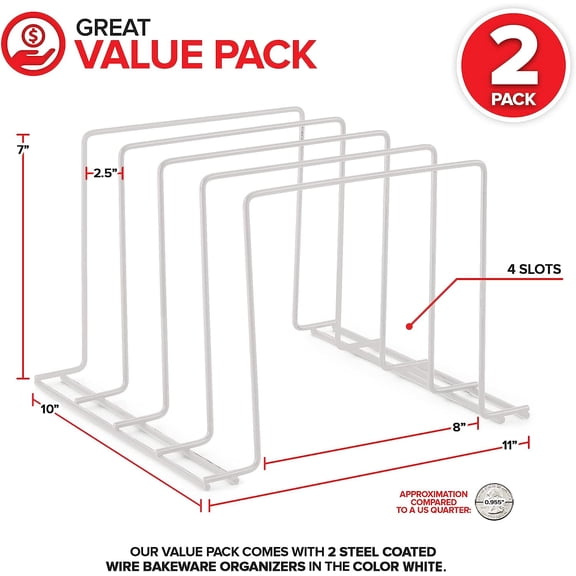 YUYAN-White (2 Pack) Steel Baking Pan Organizer Rack for Cabinet or Counter, Holder for Kitchen Cutting Boards, Pot Lids, or Cookie Sheets - Rust Proof Wire, Drying Storage
