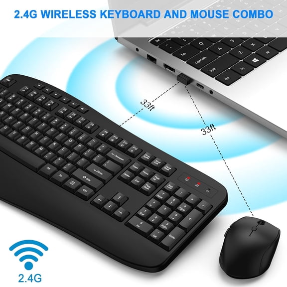 YUYAN-Wireless Keyboard and Mouse Combo, 2.4G Full-Sized Ergonomic Computer Keyboard with Wrist Rest and 3 Level DPI Adjustable Wireless Mouse for Windows, Mac OS Desktop/Laptop/PCClassic Black
