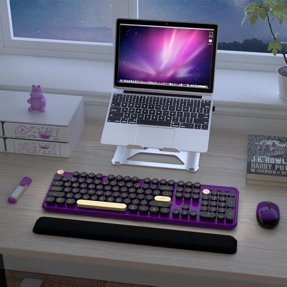 YUYAN-Wireless Keyboard and Mouse Combos, Retro Keyboard and Mouse Wireless Full Size, 2.4Ghz Connection and Optical Mouse for Windows, Mac, PC, Laptop for Home and Office (Purple-Black)