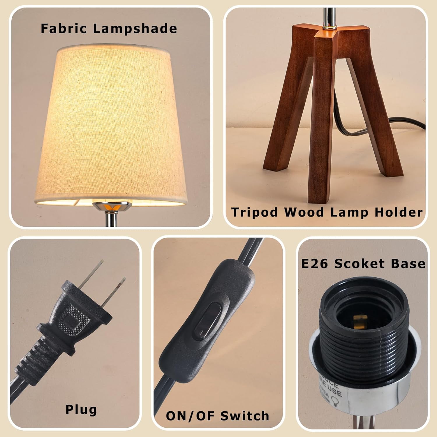 YUYAN-Wood Bedside Table Lamp, Tripod Desk Lamp with On-Off Switch ...
