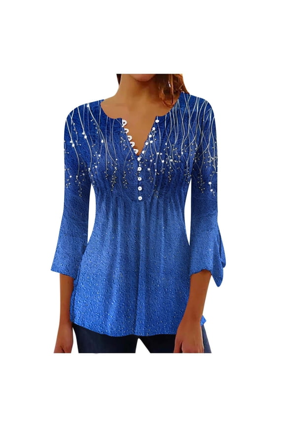 YUYGYXL Summer Tops for Women Trendy Boho Floral Print Tunic Shrits Empire Waist Button v Neck 3/4 Bell Sleeve Blouses Blue Blouses M