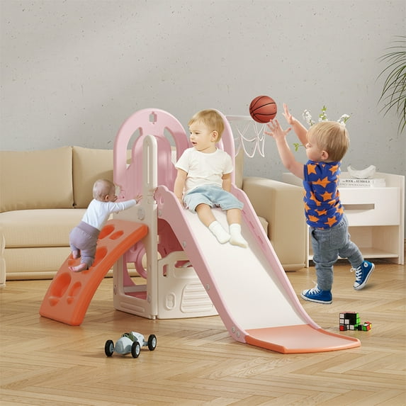 YUYU 4-in-1 Toddler Slide with Basketball Hoop, Indoor Outdoor Playground Toy, 1 Pack