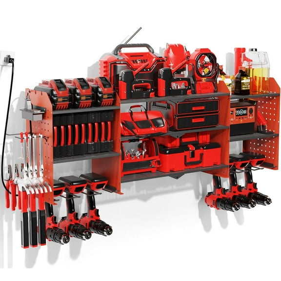 YUYU Power Tool Organizer Wall Mount with Charging Station, 45.5" Expanded Garage Wall Tool Organizer with 4 Pegboard Hooks, 6.5FT Outlet Power Strip, Large Garage Storage Rack for Impact Wrenches