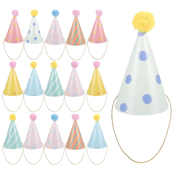 YUYUETIME 16Pcs Pompom Party Hats Paper Cone Caps for Birthday and Holiday Decor
