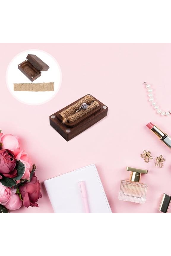Light Brown Wood Ring Case with Lid for Wedding Ceremony and Engagement Ring Storage