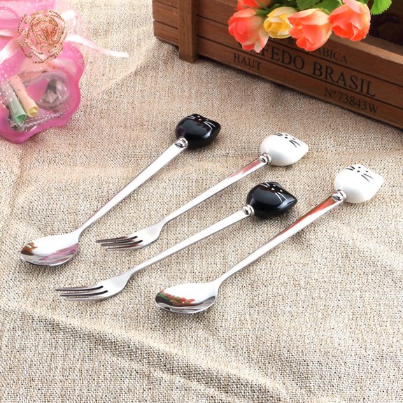 YUYUETIME Cat Face Ceramic and Stainless Steel Dessert Forks 2 Pcs Small Forks