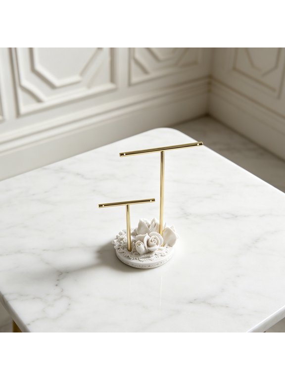 White Metal Multiaccessory Jewelry Stand for Necklaces Bracelets with Decorative Floral Base
