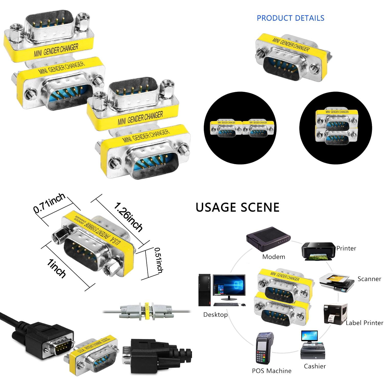 YUZEWANL Set of 4 Heavy Duty DB9 Gender Changer DSUB 9 Pin RS232 Male