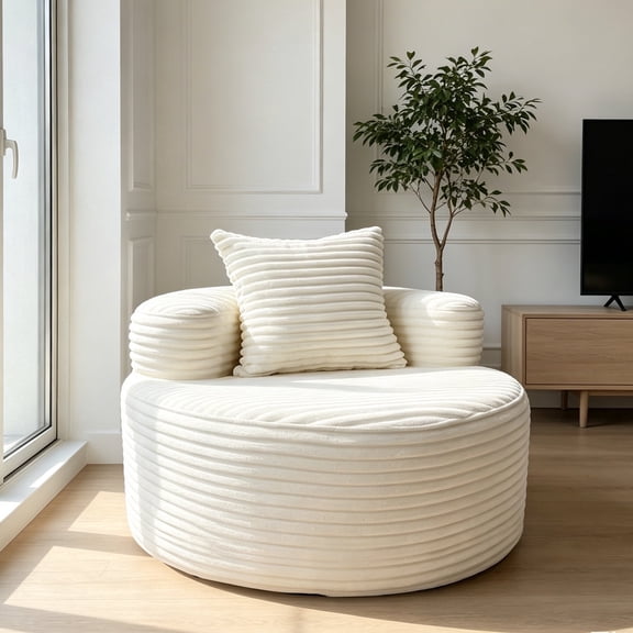 YVDNHP 37.8" Round Flannel Lounge Chair, Armless Accent Chair with Pillow for Living Room, White