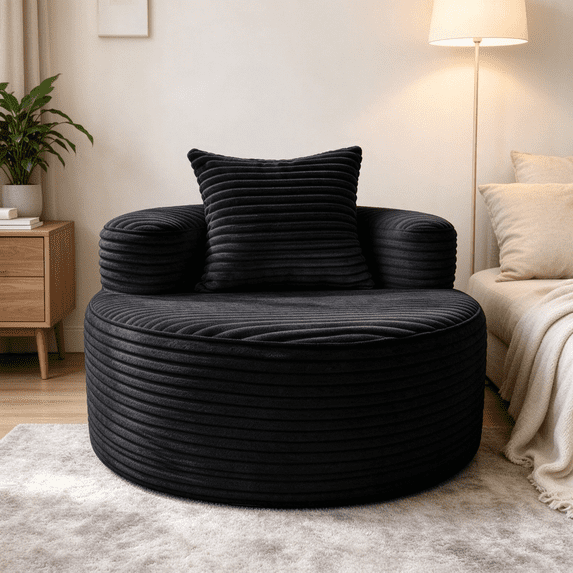 YVDNHP 37" Round Chair, Boneless Lounge Chair Indoor, Flannel Cloud Sofa with Pillow, Deep Seat Modern Accent Chairs for Living Room, Bedroom, No Assembly Required, Black
