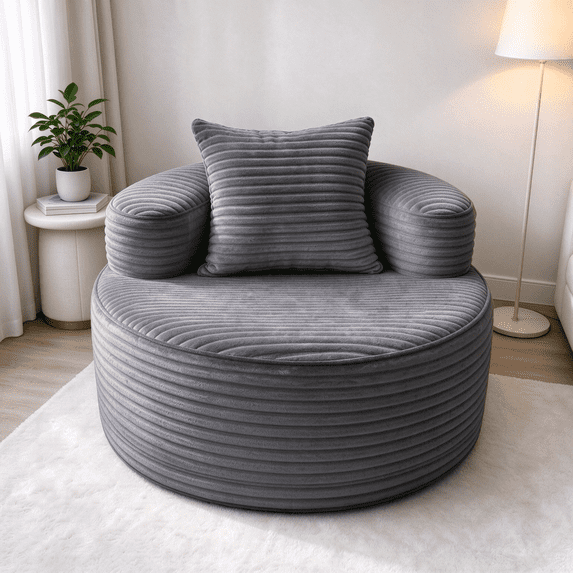 YVDNHP 37" Round Chair, Boneless Lounge Chair Indoor, Flannel Cloud Sofa with Pillow, Deep Seat Modern Accent Chairs for Living Room, Bedroom, No Assembly Required, Gray