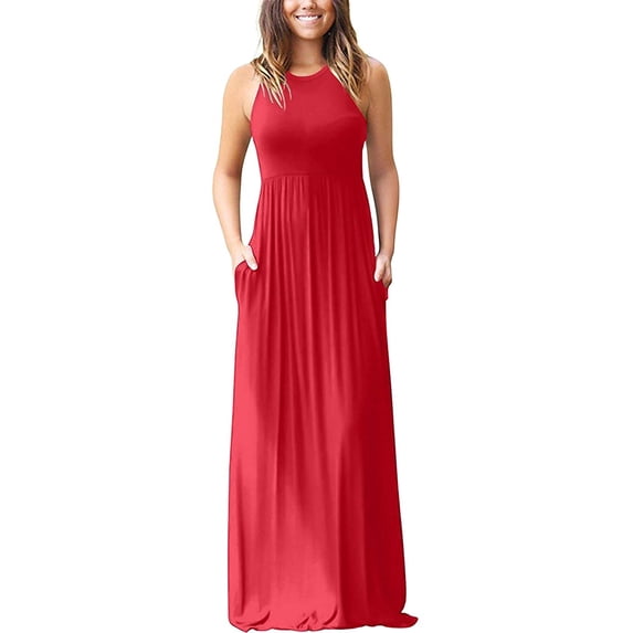 YVH Women Sleeveless Loose Plain Maxi Pockets Dresses Casual Long Dresses Red 3X