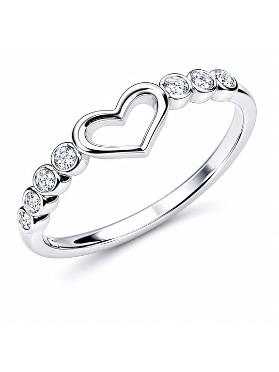 925 Sterling Silver Open Heart Ring - Engagement Band with Cubic Zirconia