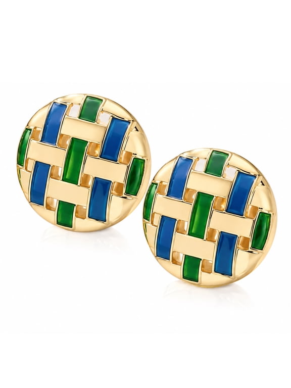 Gold Plated Woven Enamel Stud Earrings for Women - Blue and Green Statement Earrings