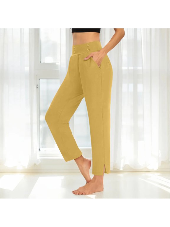 2026 Cropped Pants for Women High Waisted Wide Leg Yoga Dress Pants Casual Work Slacks Pull On Summer Trousers, Yellow,XXXL