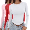 thumbnail image 1 of YVNAURA 3 Pack Stretchy Slim Fit Long Sleeve Shirts Women Y2K Baby Tee Crew Neck Soft Ribbed Knit Layering Basic Top Vintage Streetwear, D,XL, 1 of 8