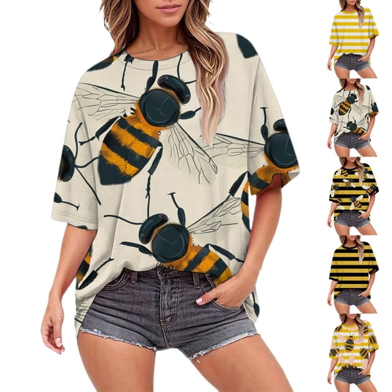 YVNAURA 3D Printed Striped Short Sleeve Tee Women Yellow Black Loose Fit Round Neck Oversized Summer Top Festival Casual Cotton Blend T Shirt, White,L