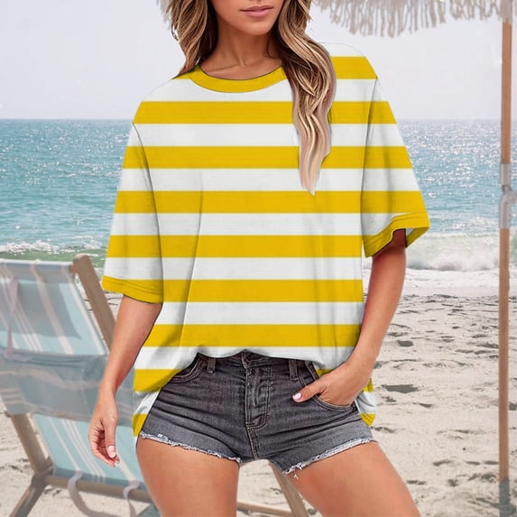 YVNAURA 3D Printed Striped Short Sleeve Tee Women Yellow Black Loose Fit Round Neck Oversized Summer Top Festival Casual Cotton Blend T Shirt, Yellow,XXL