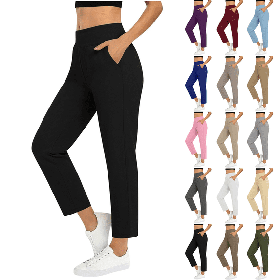 YVNAURA 7/8 Cropped Pants for Women High Waist Elastic Drawstring Loose Fit Straight Leg Ankle Trousers with Pockets Pull On Travel Work Athletic Lounge Pants 2026, Black,L