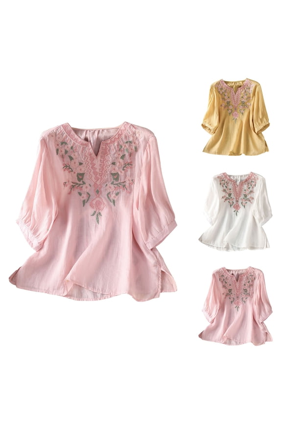 Blouses for Women Casual 3/4 Length Sleeve V Neck Button Down Tops Loose Tshirts Trendy Summer Shirts 2026 Dressy Casual Flowy Tunic Linen Cotton Blend Vacation Wear, Pink, L