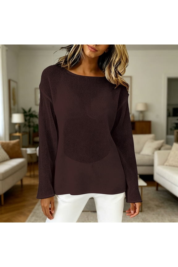 Boat Neck Mesh Top for Women Sheer See Through Blouse Long Sleeve Open Knit Lightweight Crochet Pullover Summer Layering Tee Festival Vacation Outfit, Brown,M