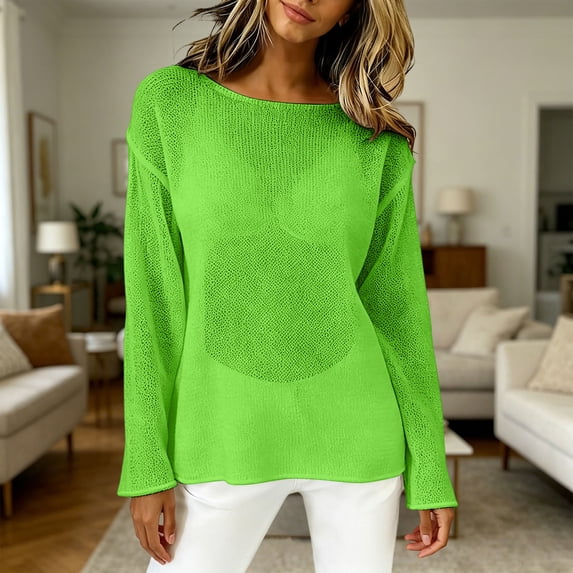 YVNAURA Boat Neck Mesh Top for Women Sheer See Through Blouse Long Sleeve Open Knit Lightweight Crochet Pullover Summer Layering Tee Festival Vacation Outfit, Green,M