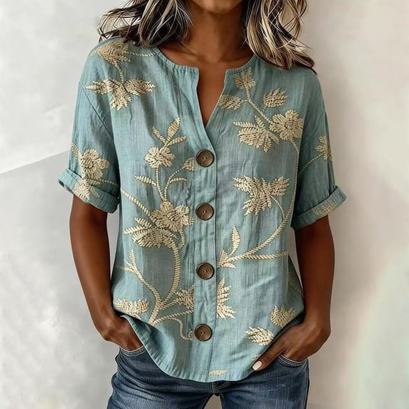YVNAURA Button Down Shirt Women Casual Tops Floral Print 3/4 Sleeve V Neck Loose Fit Blouse Spring Summer Lightweight Everyday Wear, Green,XL