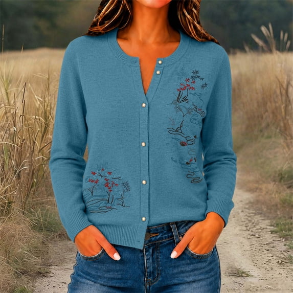 YVNAURA Cardigan Sweaters for Women Embroidered Floral Crew Neck Button Down – Lightweight Loose Oversized Long Sleeve Open Front Vintage Spring Fall Casual Top, Blue,XL