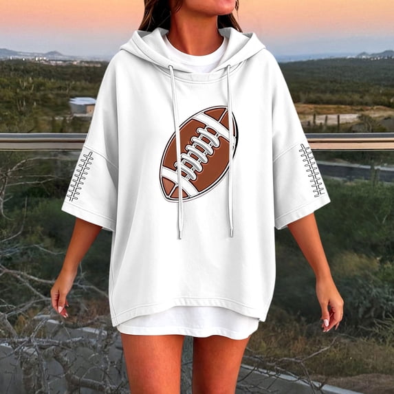 YVNAURA Casual Oversized Hoodie for Women 3/4 Sleeve Football Print Sweatshirt Loose Pullover Top Hooded Game Day Sweatshirt Drop Shoulder with Kangaroo Pocket, White,XL