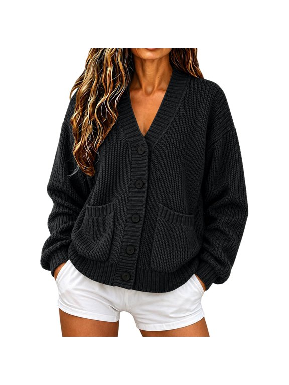 Chunky Knit V Neck Cardigan for Women – Button Down Open Front Long Sleeve Loose Oversized Casual Fall Winter Sweater Jacket with Patch Pockets, Black,S