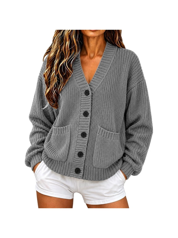 Chunky Knit V Neck Cardigan for Women – Button Down Open Front Long Sleeve Loose Oversized Casual Fall Winter Sweater Jacket with Patch Pockets, Grey,L