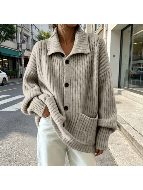 Collared Chunky Ribbed Cardigan for Women Oversized Button Down Long Sleeve Open Front Knit Sweater Jacket with Side Pockets Loose Fit Casual Fall Winter Outfits, Light Ashy,XL