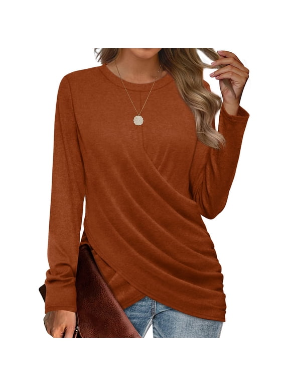 Crew Neck Twist Knot Front Tops for Women Long Sleeve Fitted Blouses Waist Defining Stretchy Soft Casual Dressy Work Shirts Going Out Tunic Tops Fall, Brown,L