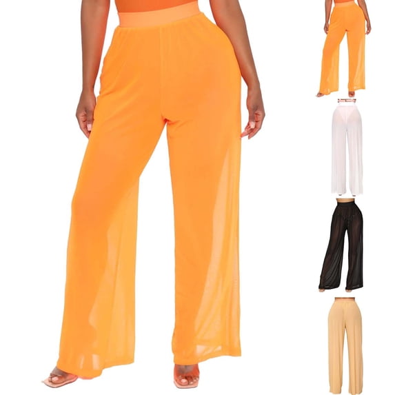 YVNAURA Crochet Beach Cover Up Pants for Women Wide Leg Swimsuit Cover Ups Elastic Drawstring Waist Breezy Mesh Pants Summer Resort, Orange,L