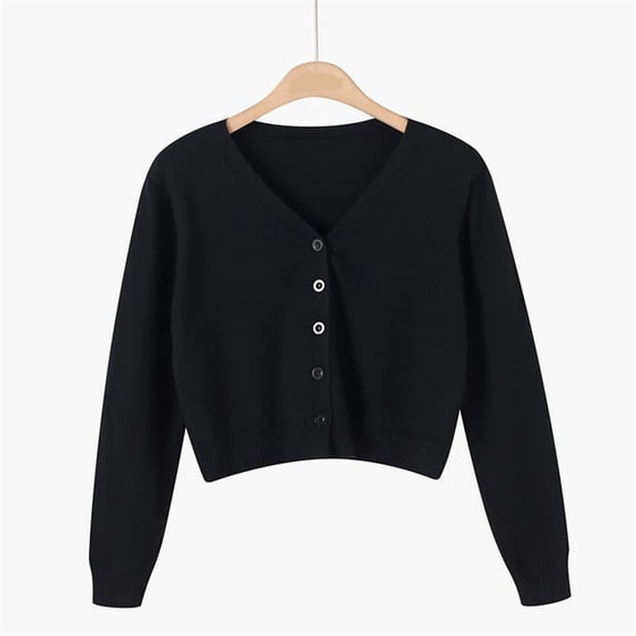 YVNAURA Cropped Cardigan for Women V Neck Button Down Long Sleeve Lightweight Loose Fit Open Front Knit Sweater Bolero Shrug Casual Fall Y2K Trendy High Waist Outfits, Black,L