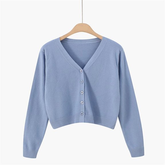 YVNAURA Cropped Cardigan for Women V Neck Button Down Long Sleeve Lightweight Loose Fit Open Front Knit Sweater Bolero Shrug Casual Fall Y2K Trendy High Waist Outfits, Navy,L