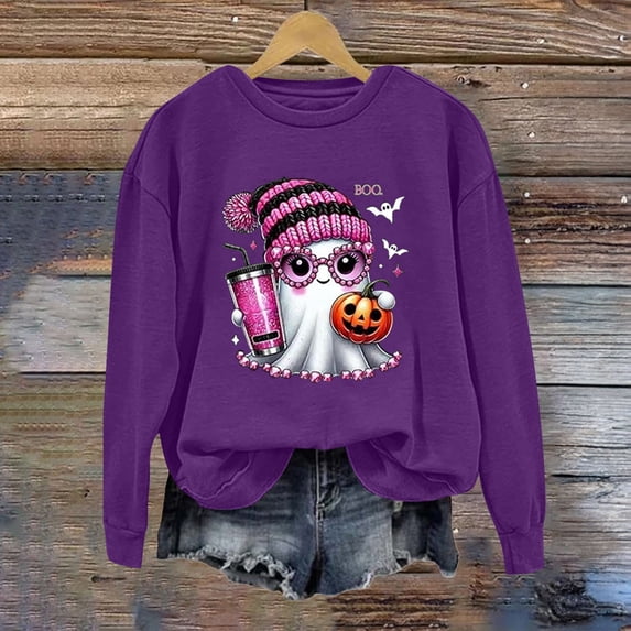 YVNAURA Cute Fall Oversized Halloween Sweatshirt for Women Graphic Long Sleeve Crewneck Pullover Funny Loose Fit Spooky Season Top Casual 1 Pack, Purple,XXL