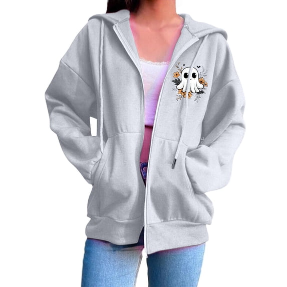 YVNAURA Cute Halloween Print Zip Up Sweatshirt for Women Long Sleeve Oversized Hoodie with Pockets Full Zip Front Pullover Casual Fall Spooky Season Top 1 Pack, Light Ashy,M