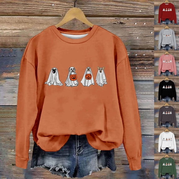 YVNAURA Dog Halloween Pumpkin Sweatshirt Trick or Treat Pet Pullover Crewneck Fall Dog Clothes Funny Sweater Fleece Lined for Small Medium Large Dogs 1 Pack, Orange,L