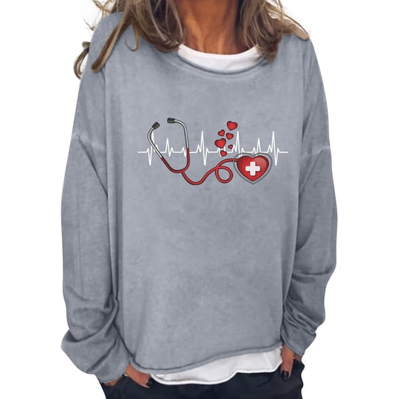 YVNAURA EKG Sweatshirts for Women Heartbeat Pulse Line Graphic Long Sleeve Pullover Tops Crew Neck Round Neck Loose Fit Casual Fall Clothes 2026 Relaxed Oversized Top, Grey,M