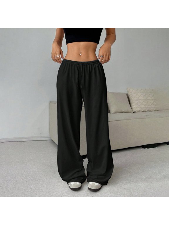 Elastic Waist Wide Leg Pants for Women Loose Fit Palazzo Lounge Trousers Pull On Comfy Flowy Casual Pants No Pockets S-XXL, Black,XL